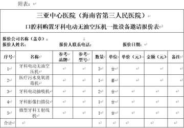 三亚中心医院（海南省第三人民医院）口腔科购置牙科电动无油空压机一批设备  邀请报价公告